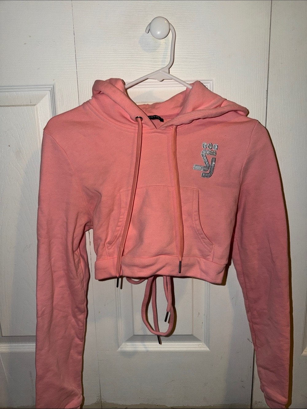 Cropped Coral Pink Hooded Sweatshirt with Rhinestone Emblem